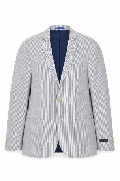 River Island Women Blue Striped Cotton Blazer Jacket UK 40 Two-Button