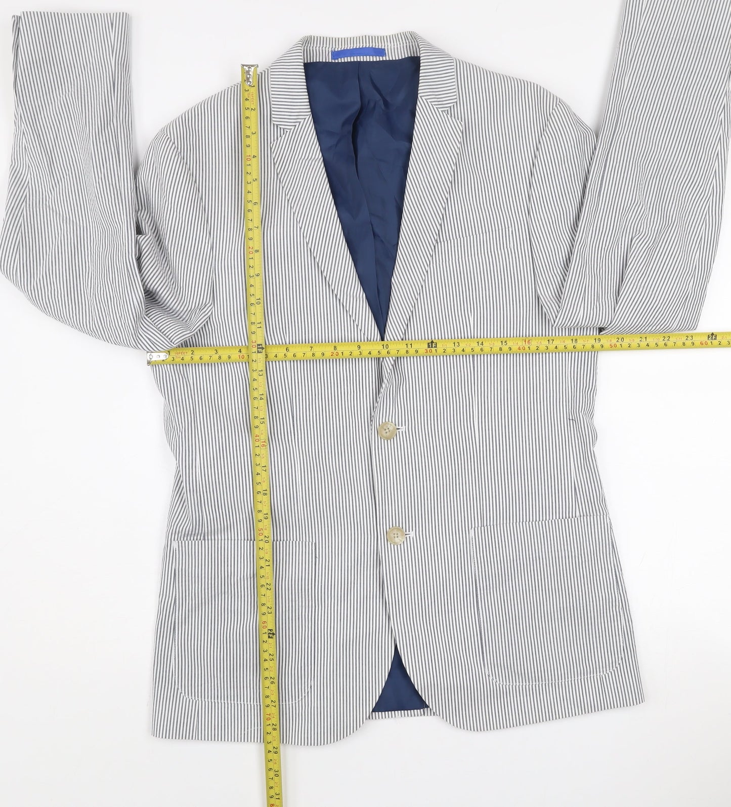 River Island Women Blue Striped Cotton Blazer Jacket UK 40 Two-Button