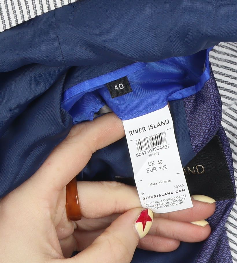 River Island Women Blue Striped Cotton Blazer Jacket UK 40 Two-Button