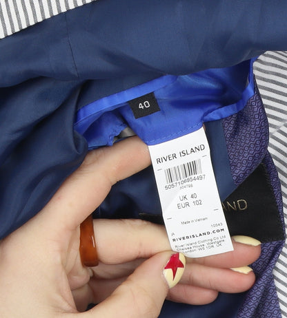 River Island Women Blue Striped Cotton Blazer Jacket UK 40 Two-Button