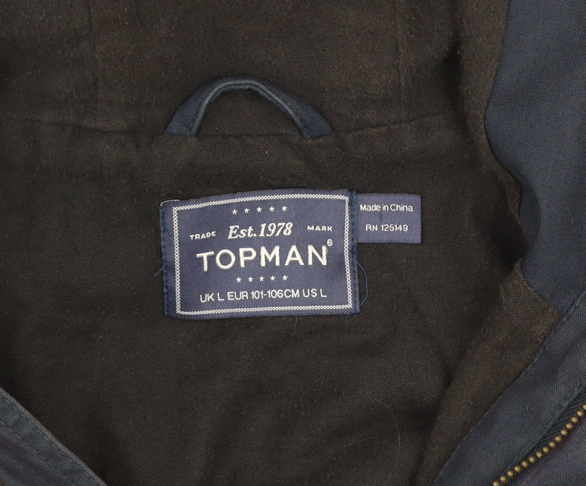 Topman Men’s Blue Hooded Parka Jacket L Cotton Blend