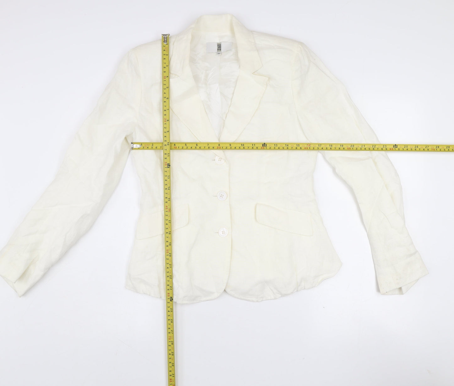 Irene Van Ryb Womens Ivory Linen Single-Breasted Blazer Size 12
