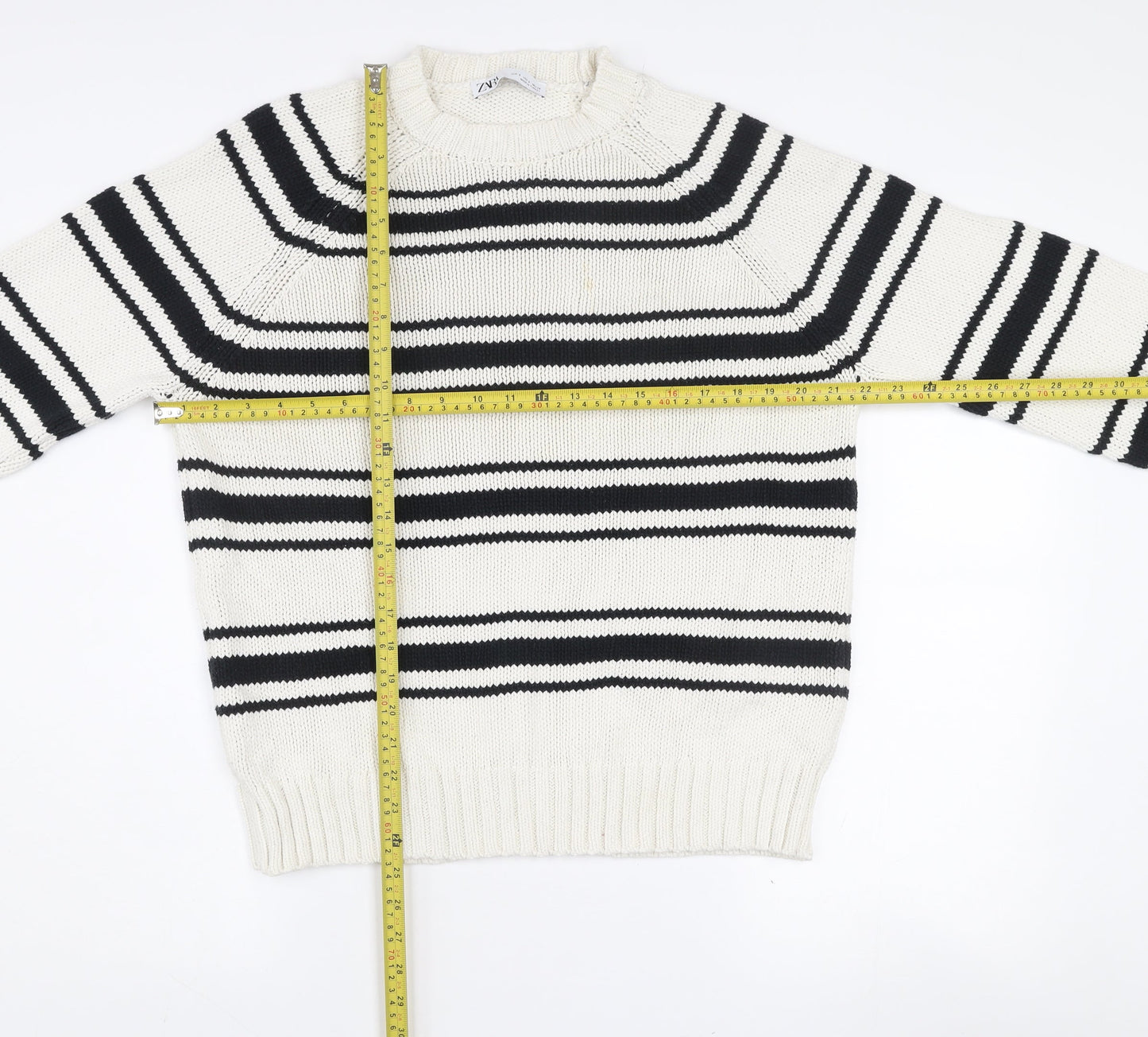 ZARA Womens White Black Striped Cotton Knit Jumper Size S