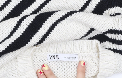 ZARA Womens White Black Striped Cotton Knit Jumper Size S
