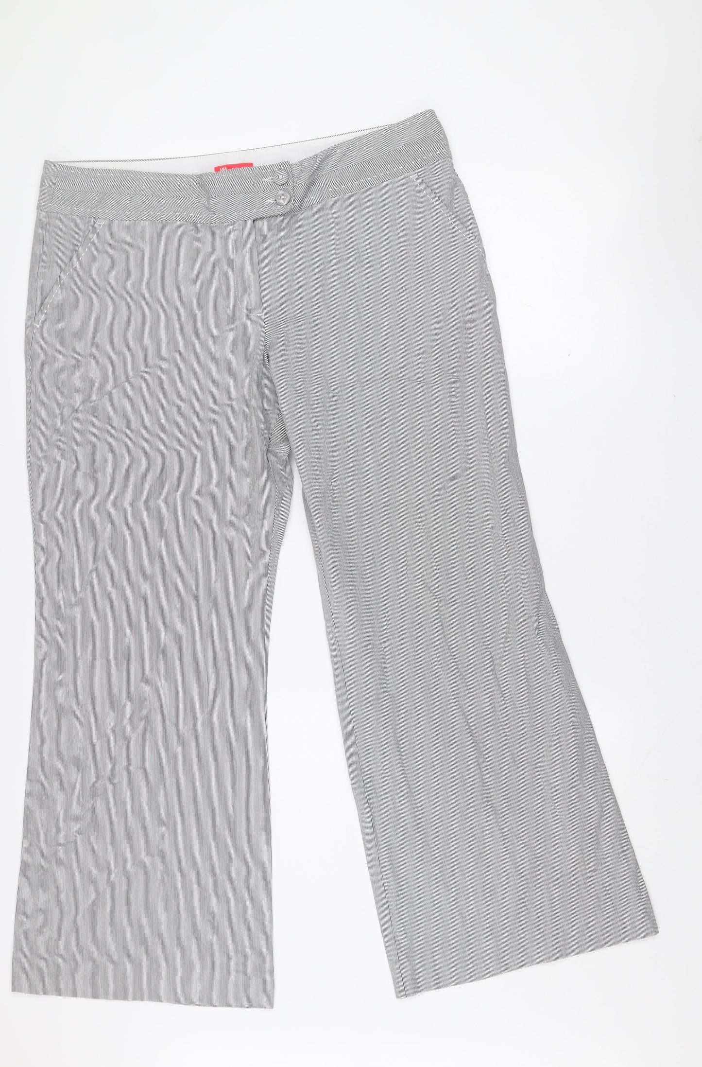 Monsoon Women Grey Striped Cropped Wide-Leg Trousers Size 16