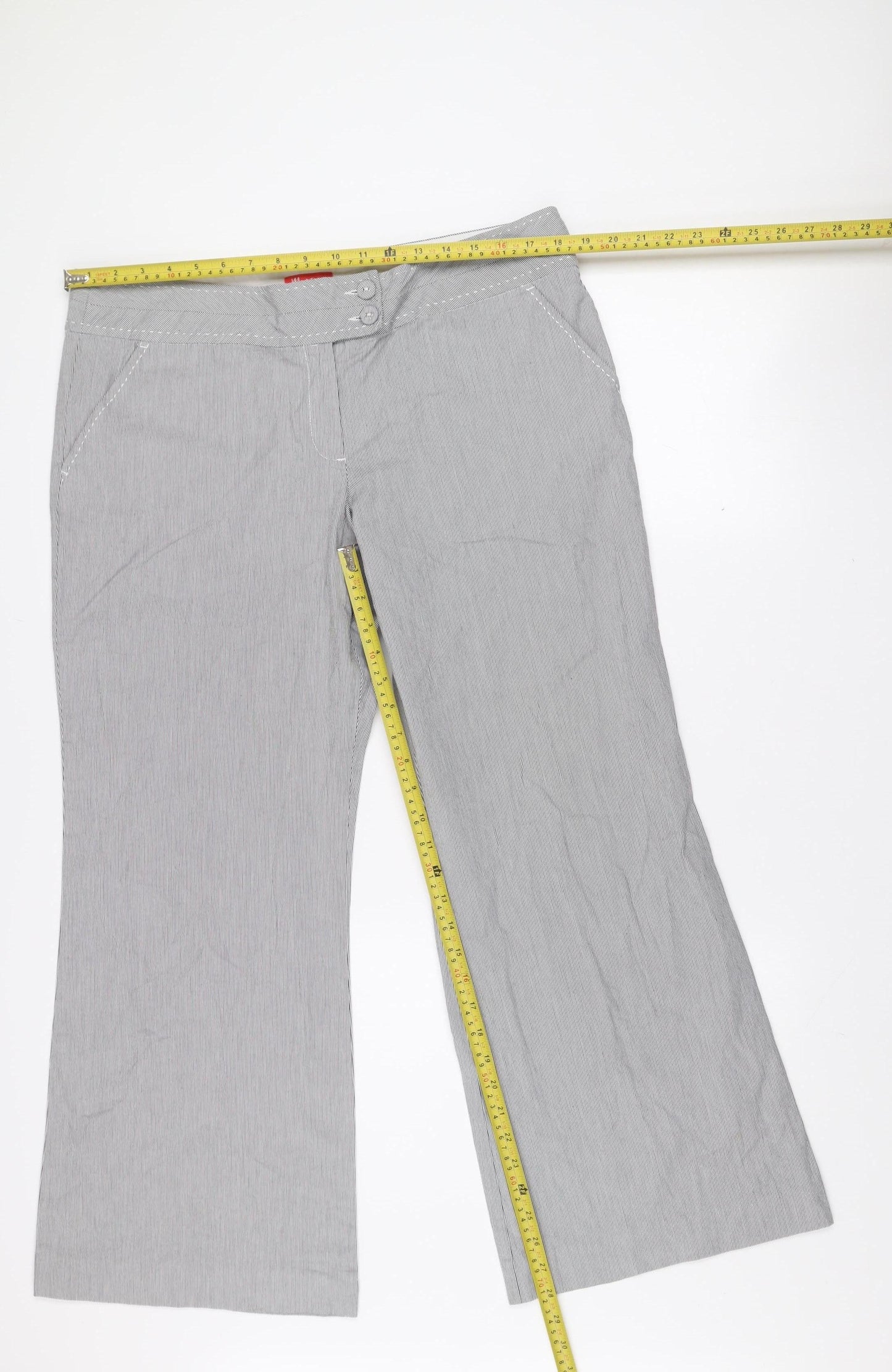 Monsoon Women Grey Striped Cropped Wide-Leg Trousers Size 16
