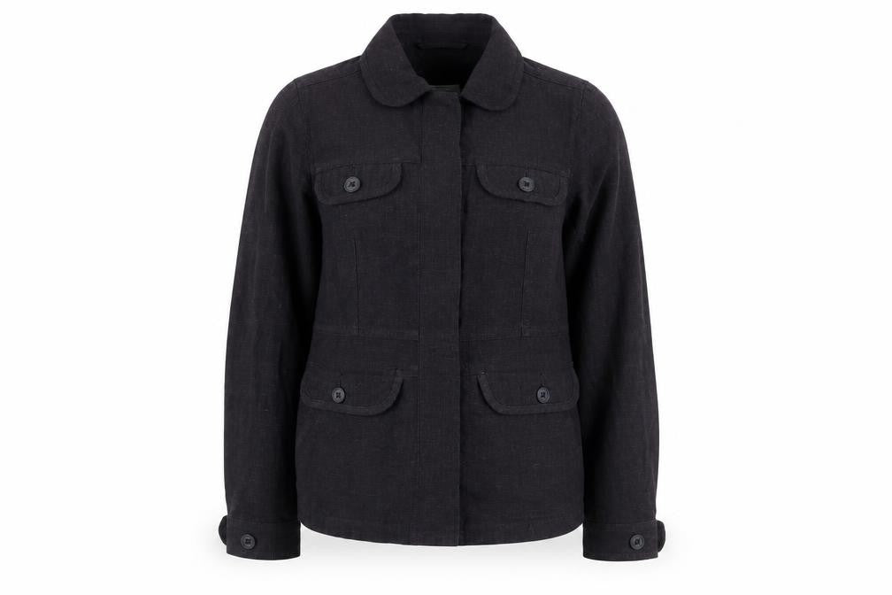 Front view of Rohan unisex black linen blend long sleeve button-up shirt s