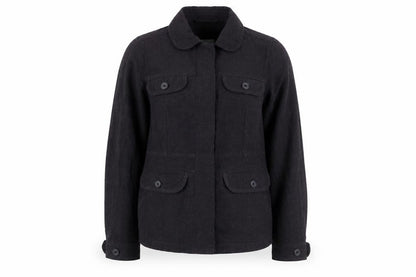 Front view of Rohan unisex black linen blend long sleeve button-up shirt s