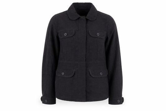 Front view of Rohan unisex black linen blend long sleeve button-up shirt s