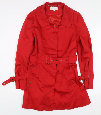 CC Women's Red Cotton Trench Coat Size 12 Belted Classic Mid-Length