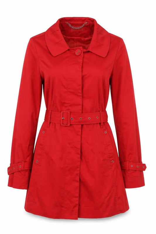 CC Women's Red Cotton Trench Coat Size 12 Belted Classic Mid-Length