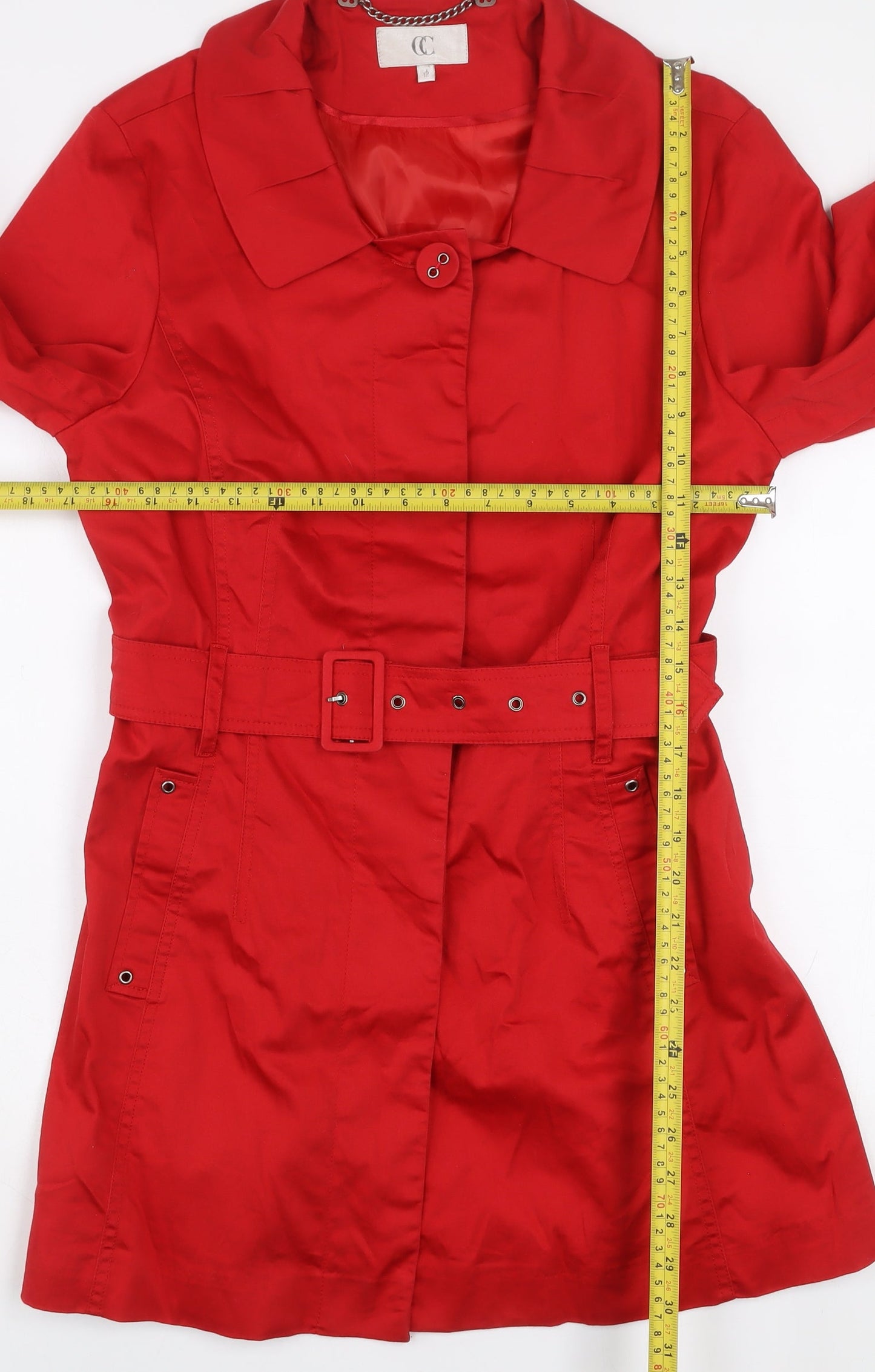 CC Women's Red Cotton Trench Coat Size 12 Belted Classic Mid-Length