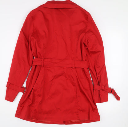 CC Women's Red Cotton Trench Coat Size 12 Belted Classic Mid-Length