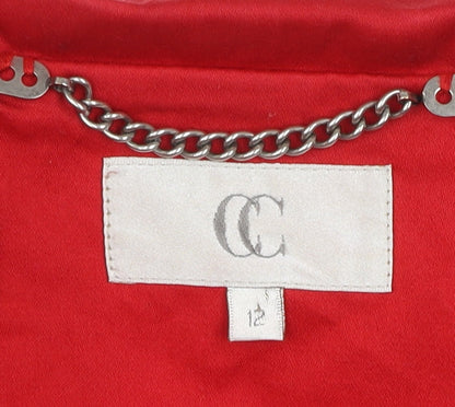 CC Women's Red Cotton Trench Coat Size 12 Belted Classic Mid-Length