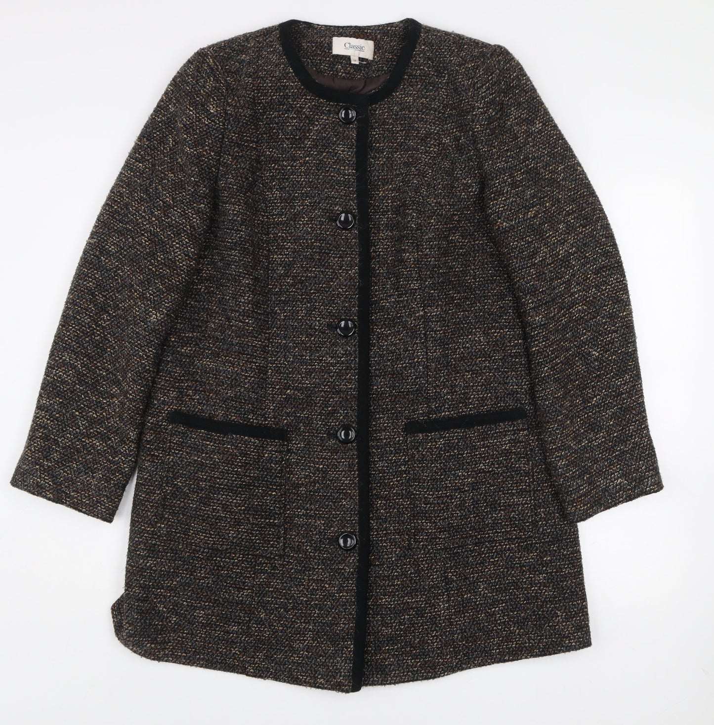 Classic Women’s Brown Wool Blend Tweed Mid-Length Coat Size 14
