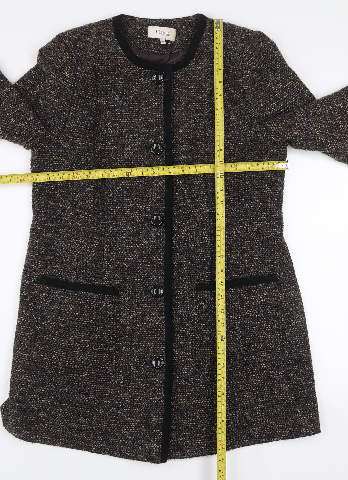 Classic Women’s Brown Wool Blend Tweed Mid-Length Coat Size 14