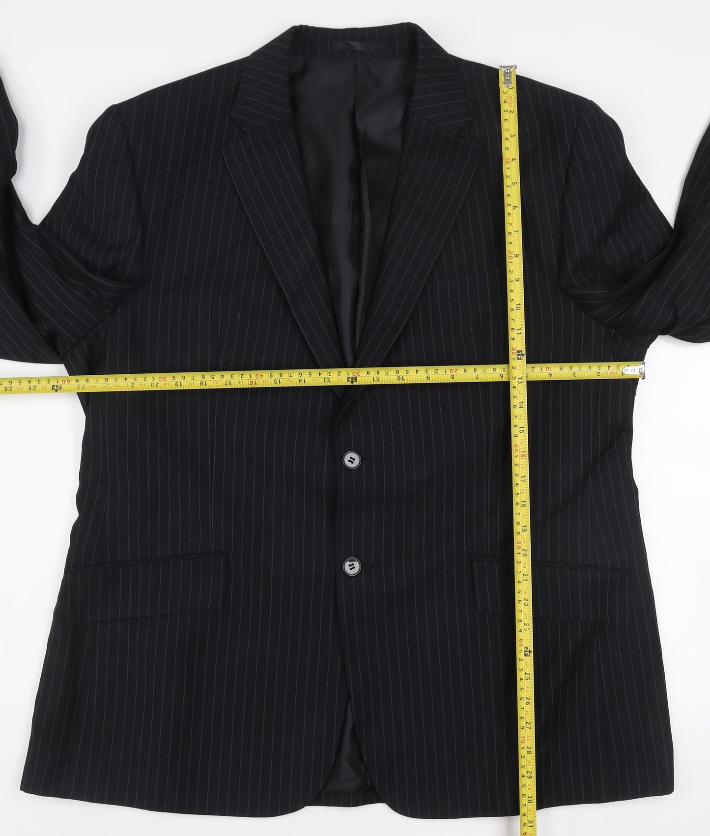 F&F Men’s Black Pinstripe 46R Suit Jacket Classic Fit Formal