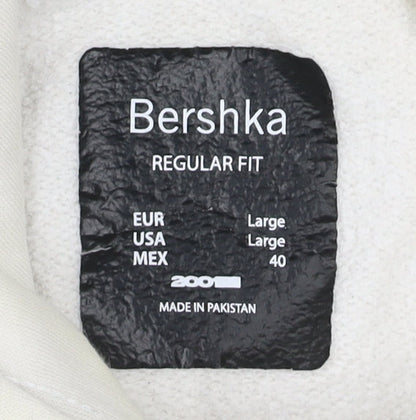 Bershka Men’s Beige Pullover Hoodie L Regular Fit Fleece Cotton Blend