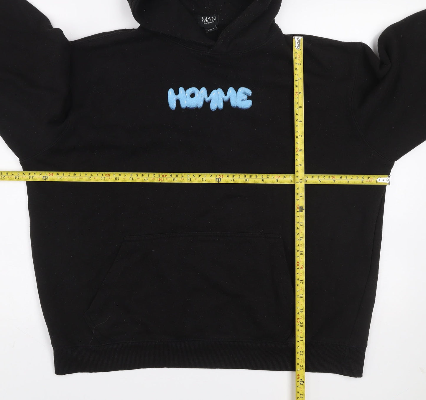 boohooMAN Men's Black Graphic Pullover Hoodie M Streetwear Style
