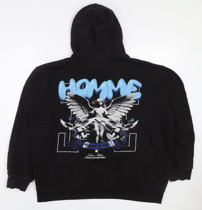 boohooMAN Men's Black Graphic Pullover Hoodie M Streetwear Style