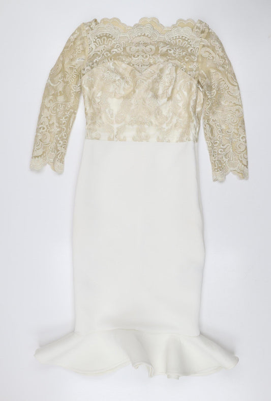 Chi Chi London Women’s Ivory Lace Off Shoulder Bodycon Dress Size 10