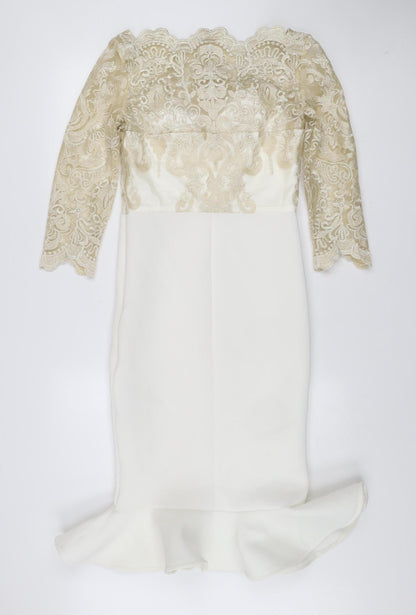 Chi Chi London Women’s Ivory Lace Off Shoulder Bodycon Dress Size 10