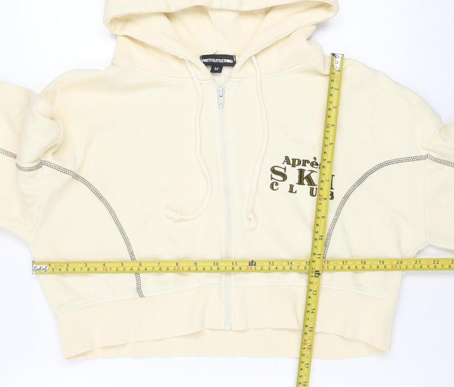 PrettyLittleThing Unisex Beige Full Zip Hoodie M Apres Ski Embroidered