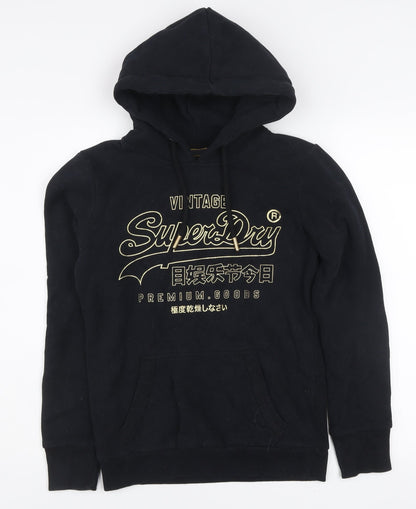 Superdry Women's Black Hoodie Size 8 Pullover Fleece Logo