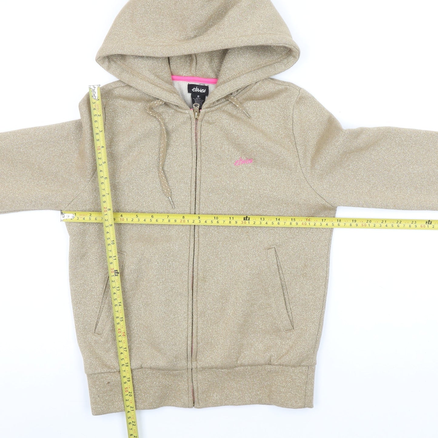 Etnies Womens Beige Full Zip Hoodie Small Jazz Style Glittered Sweatshirt