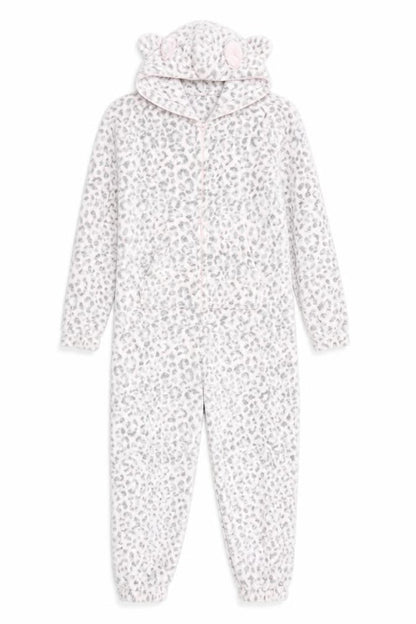 Autumn Faith Women’s Grey Animal Print Fleece Hooded Onesie Size S