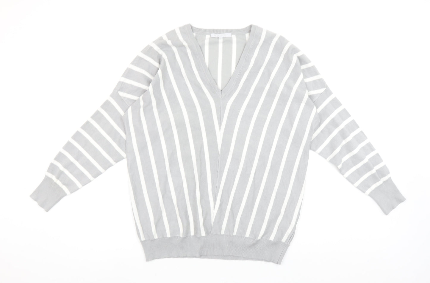 Pebble Bay Womens Grey Striped V-Neck Relaxed Fit Jumper Size 14