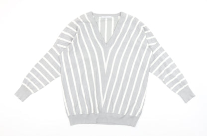 Pebble Bay Womens Grey Striped V-Neck Relaxed Fit Jumper Size 14