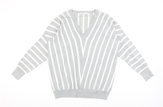 Pebble Bay Womens Grey Striped V-Neck Relaxed Fit Jumper Size 14