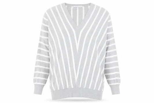 Pebble Bay Womens Grey Striped V-Neck Relaxed Fit Jumper Size 14