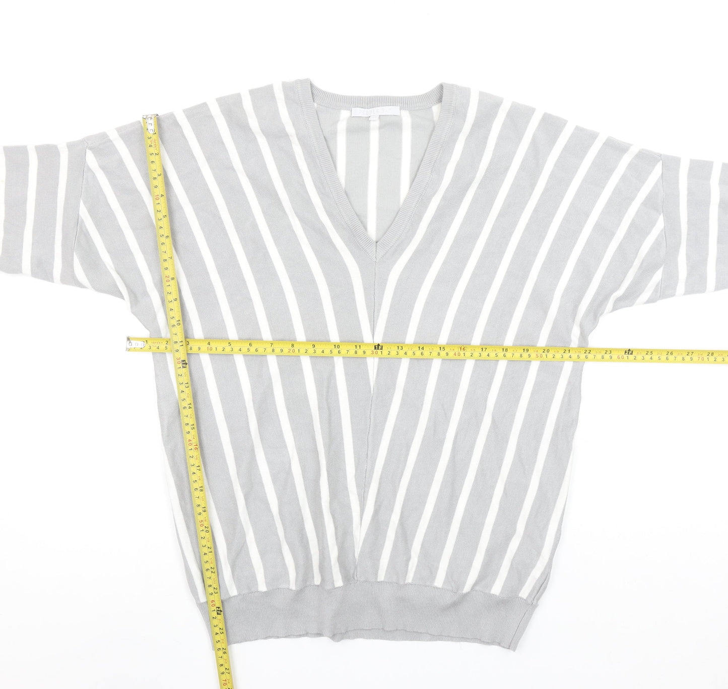 Pebble Bay Womens Grey Striped V-Neck Relaxed Fit Jumper Size 14