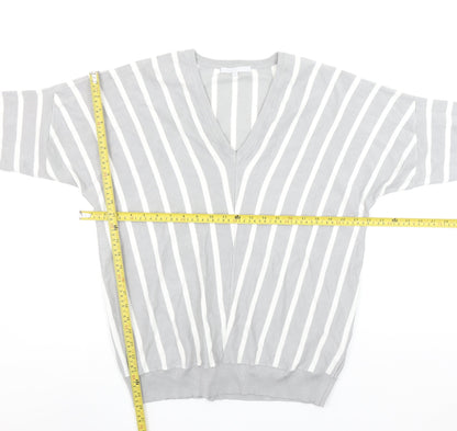 Pebble Bay Womens Grey Striped V-Neck Relaxed Fit Jumper Size 14