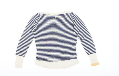 Joules Women Blue Striped Bird Cotton Jumper Size 10