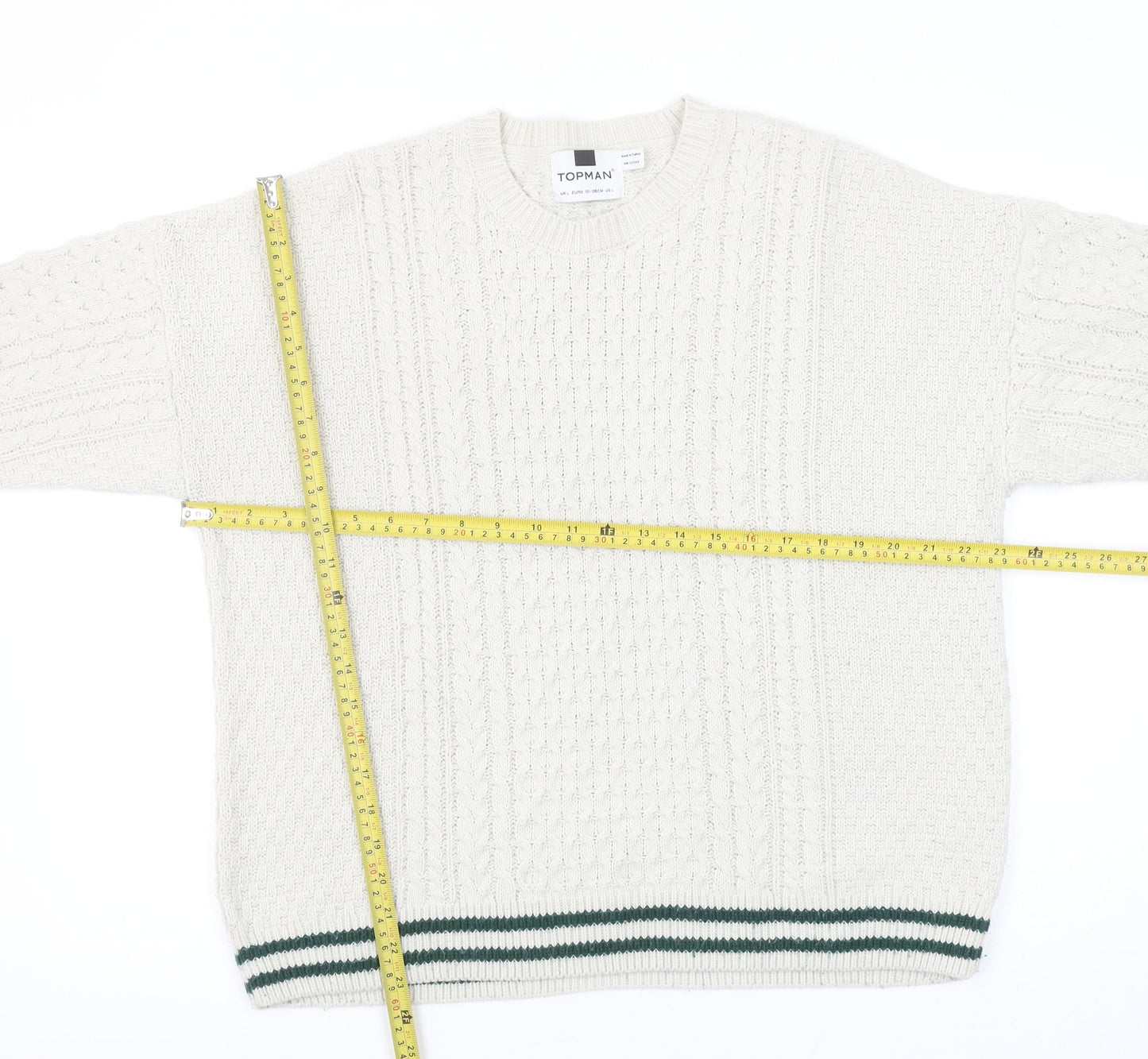 Topman Men’s Ivory Cable Knit Crew Neck Jumper Size L