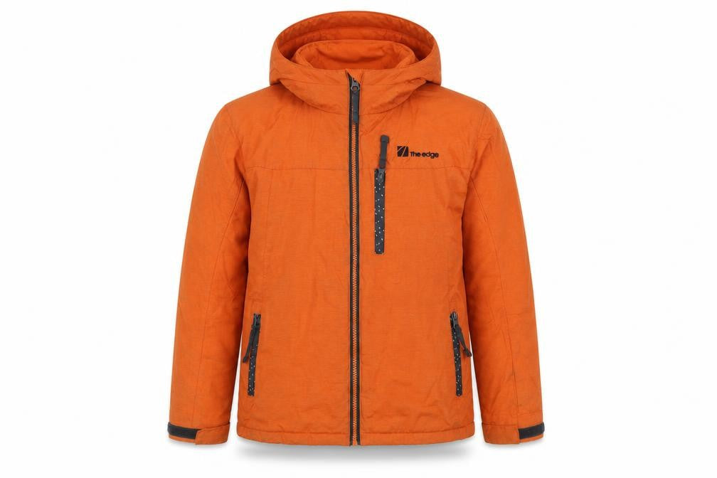 Front view of The Edge boys’ orange hooded puffer jacket 11-12 years winter coat