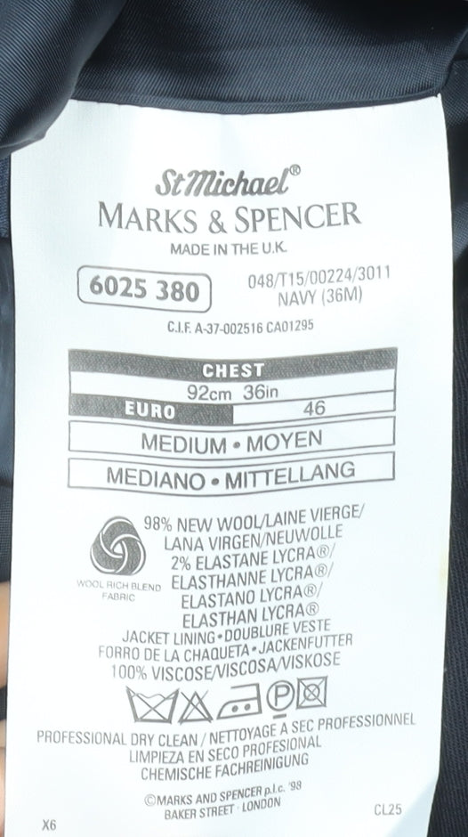 Marks and Spencer Men Blue 36 Regular Wool Single-Breasted Blazer