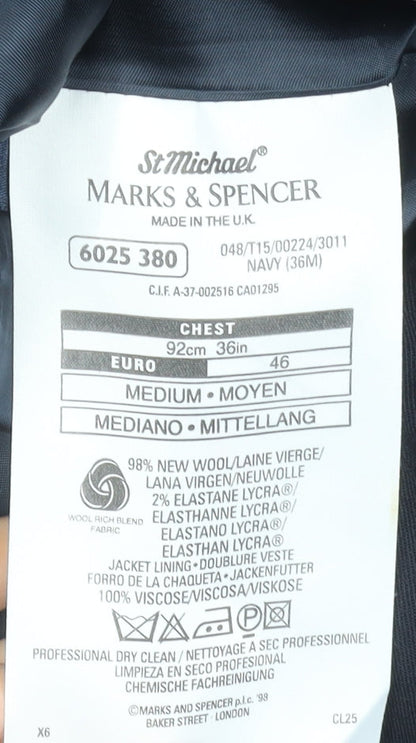 Marks and Spencer Men Blue 36 Regular Wool Single-Breasted Blazer