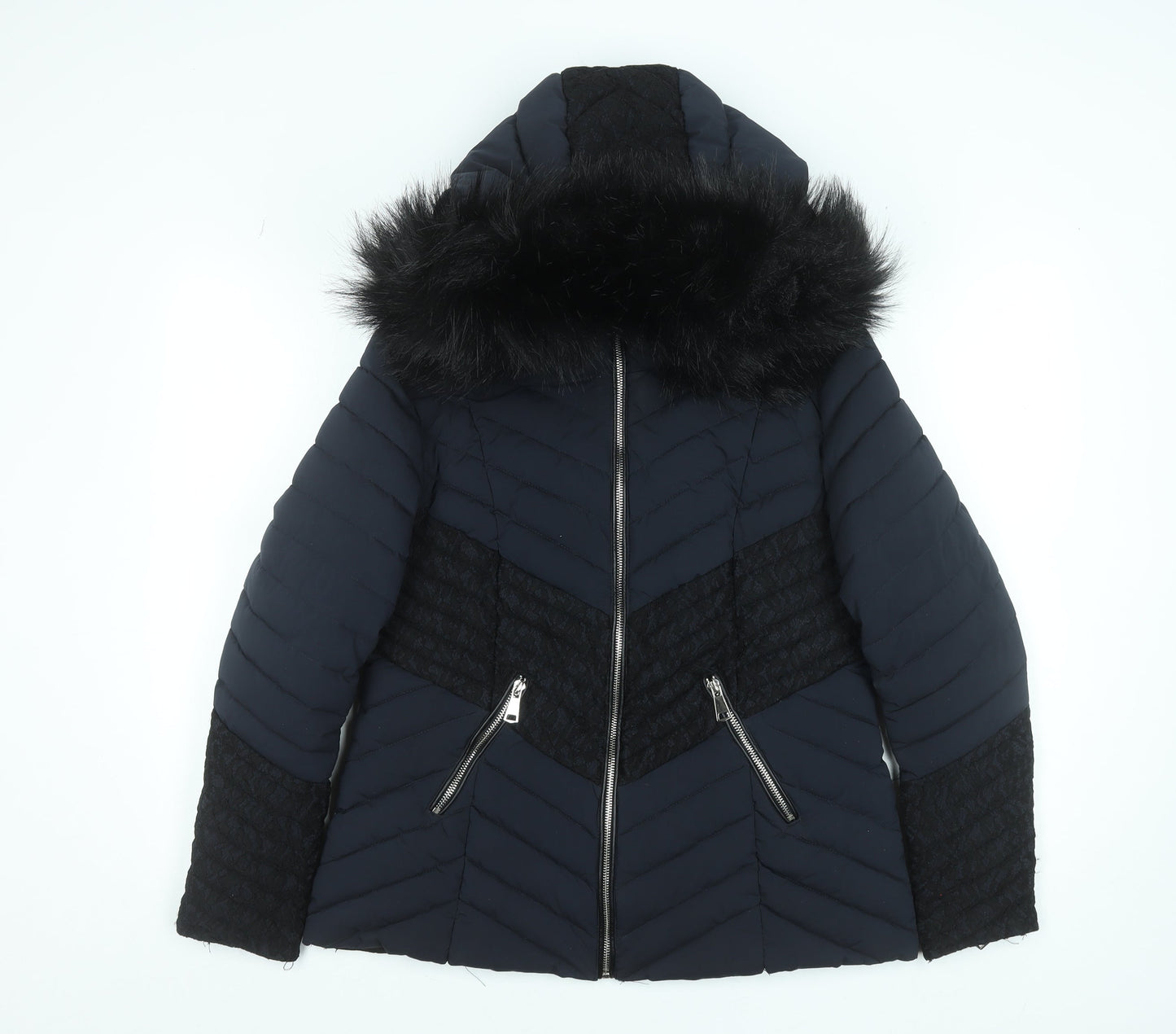 Klass Womens Blue Faux Fur Hooded Puffer Jacket Size S