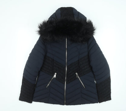 Klass Womens Blue Faux Fur Hooded Puffer Jacket Size S