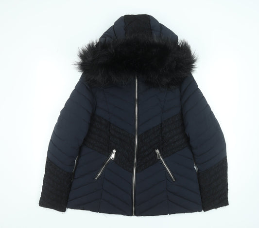 Klass Womens Blue Faux Fur Hooded Puffer Jacket Size S