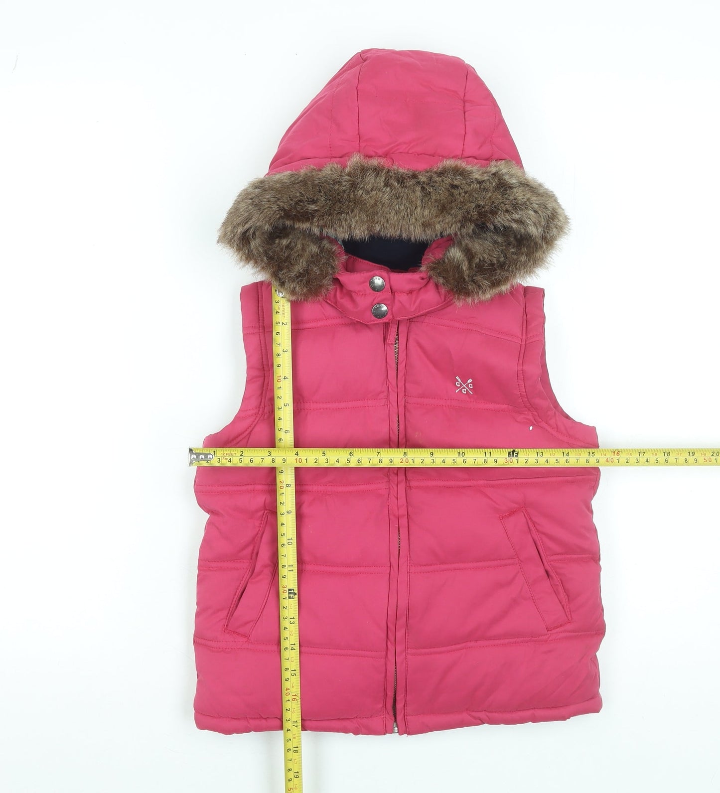 Crew Clothing Girls Pink Faux Fur Hooded Puffer Gilet 7 Years