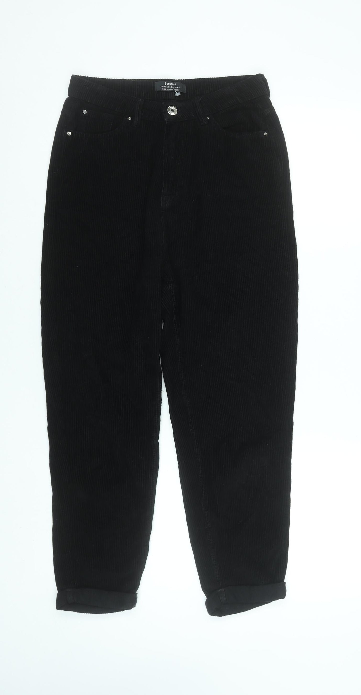 Bershka Womens Black Corduroy Cropped Trousers Size 8