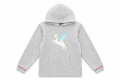 Front view of Mountain Warehouse girls’ grey unicorn pullover hoodie 9-10 years
