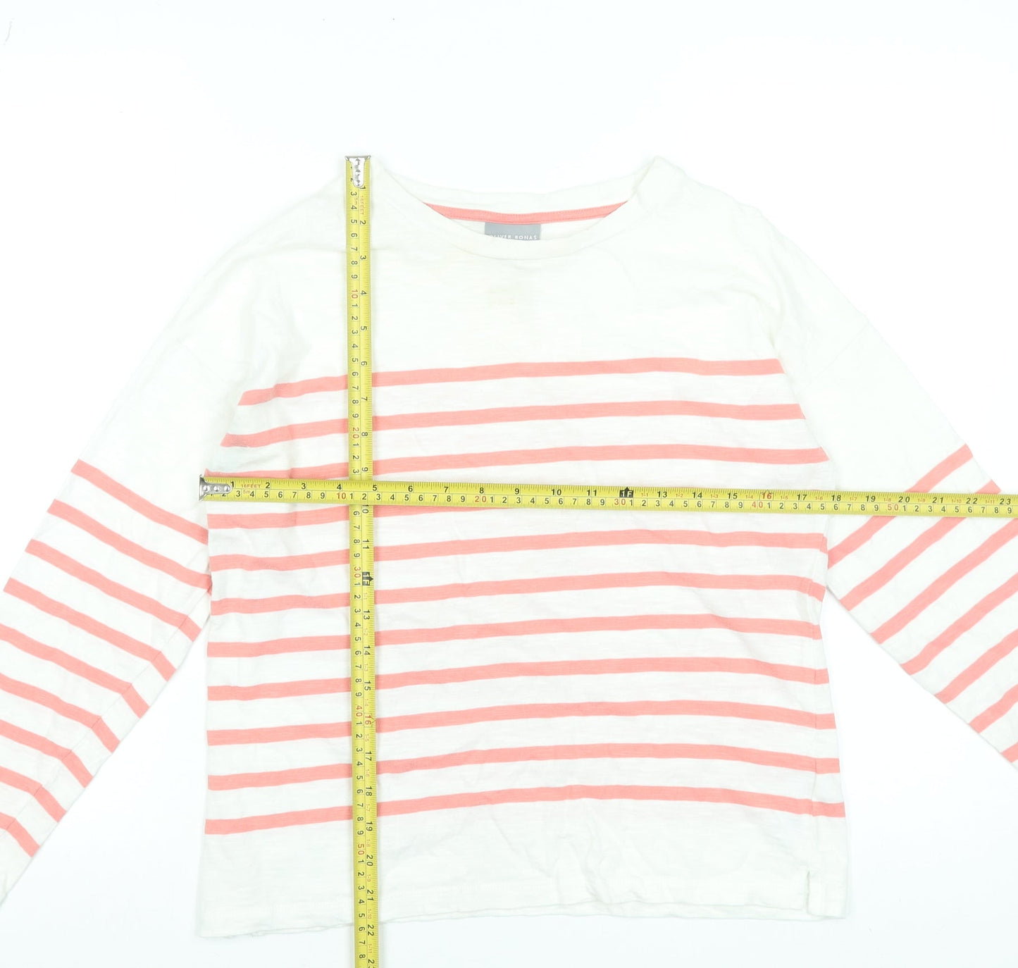 Oliver Bonas Women’s White Pink Striped Long Sleeve Cotton Top UK 8