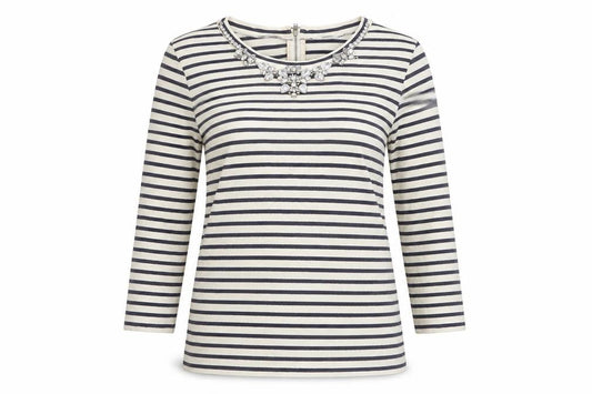 Front view of J.Crew Women’s Stripe Beaded Neck Cotton Top S Navy White 3/4 Sleeve