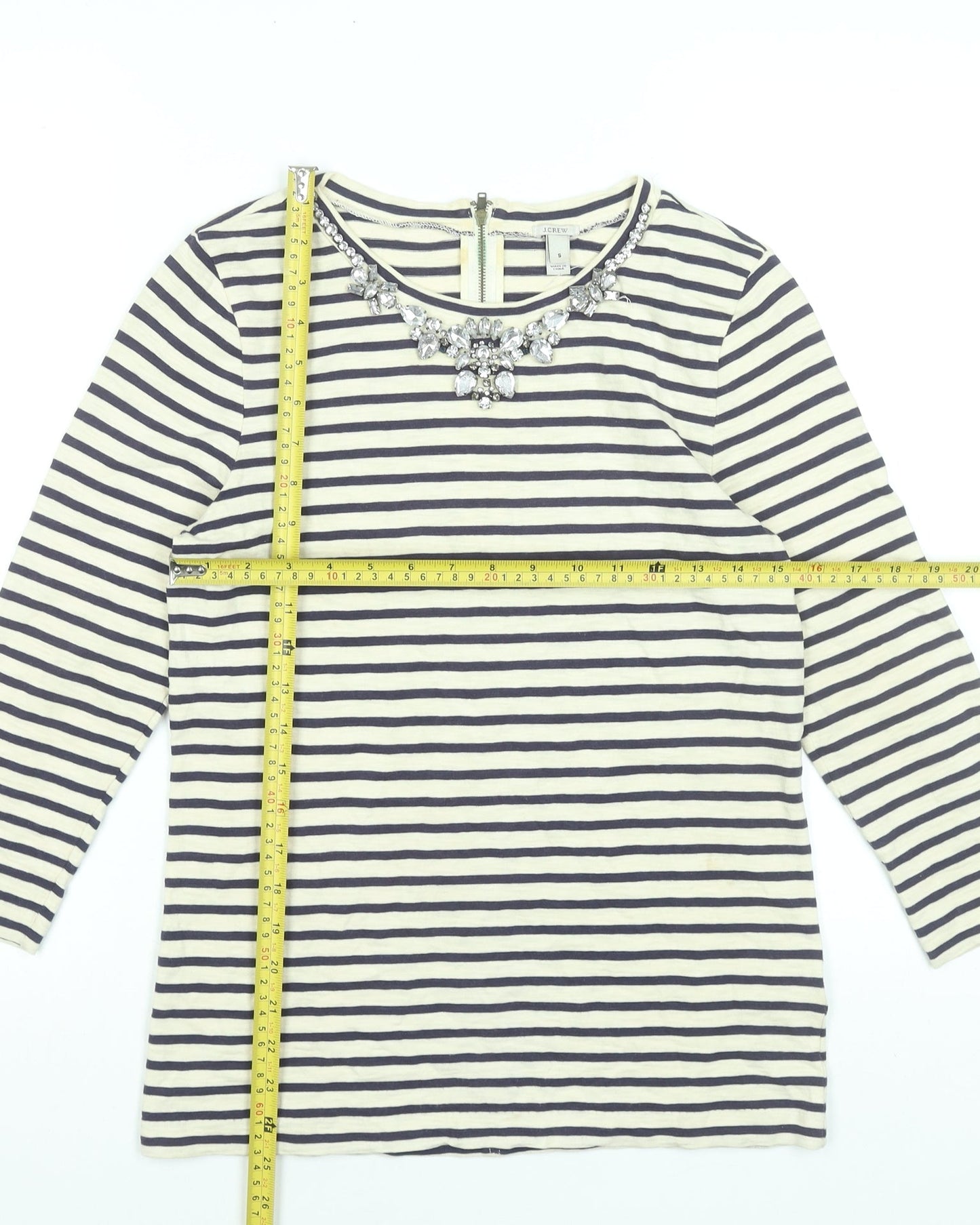 J.Crew Women’s Stripe Beaded Neck Cotton Top S Navy White 3/4 Sleeve